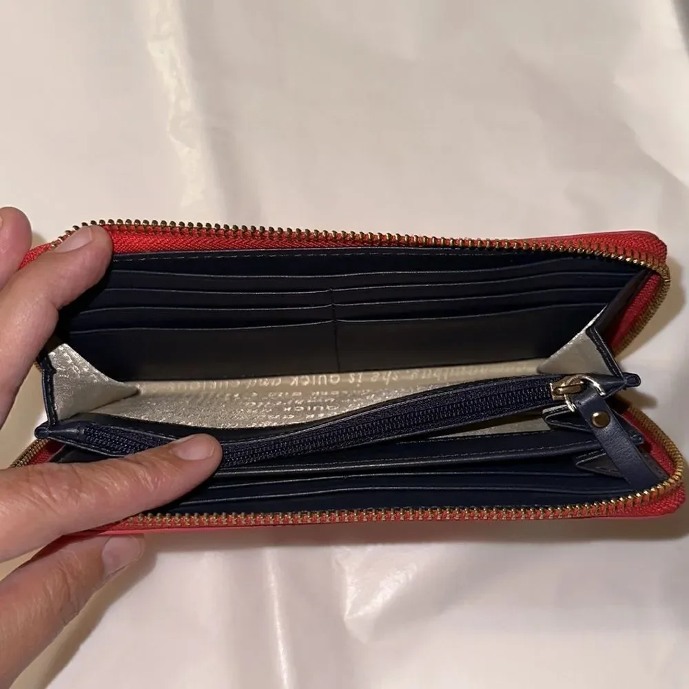 kate spade White Coral Pink Stripe Zip Around Leather Wallet